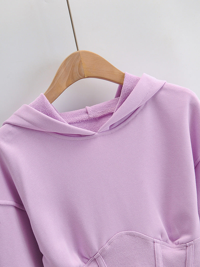 European And American Slim Fitting Navel Solid Hooded Sweater