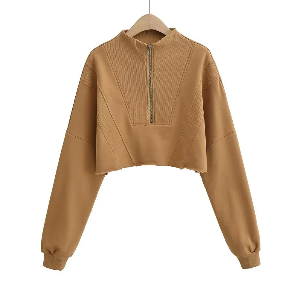 Women's Casual Half-Zip Solid Color Short Sweatshirt