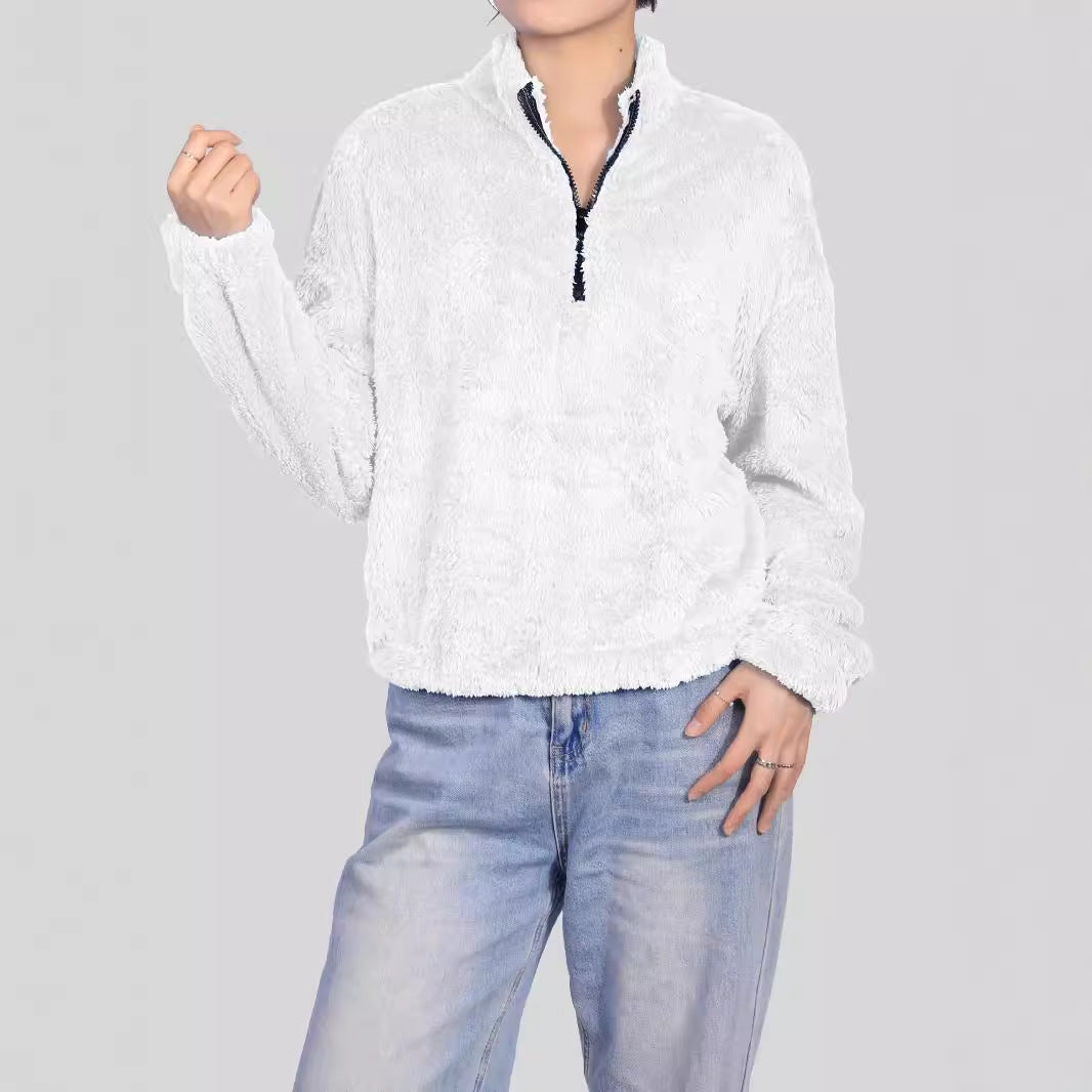Thermal Half-high Collar Long Sleeves Zipper Design Loose Casual Top
