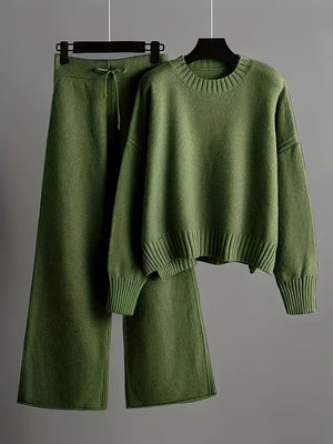 Ladies' Early Autumn New Fashion Sweater Two-piece Set: Round Neck Drop Shoulder Long Sleeve Pullover Top + Straight Wide Leg Pants Combination, Unique Pattern Pure Color Loose Casual Series