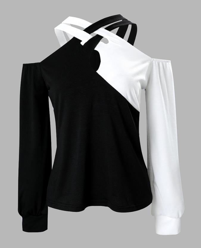 Chic Colorblock Cross-Belt Casual Women's Top