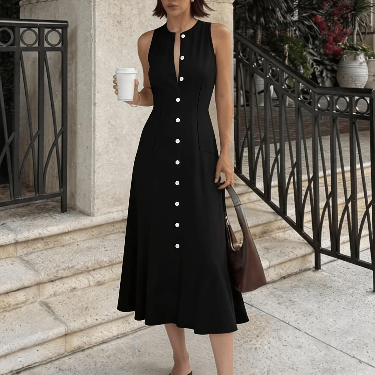 Summer New Sleeveless Double-breasted Vintage Waist-cinching A-line Dress That Flatters