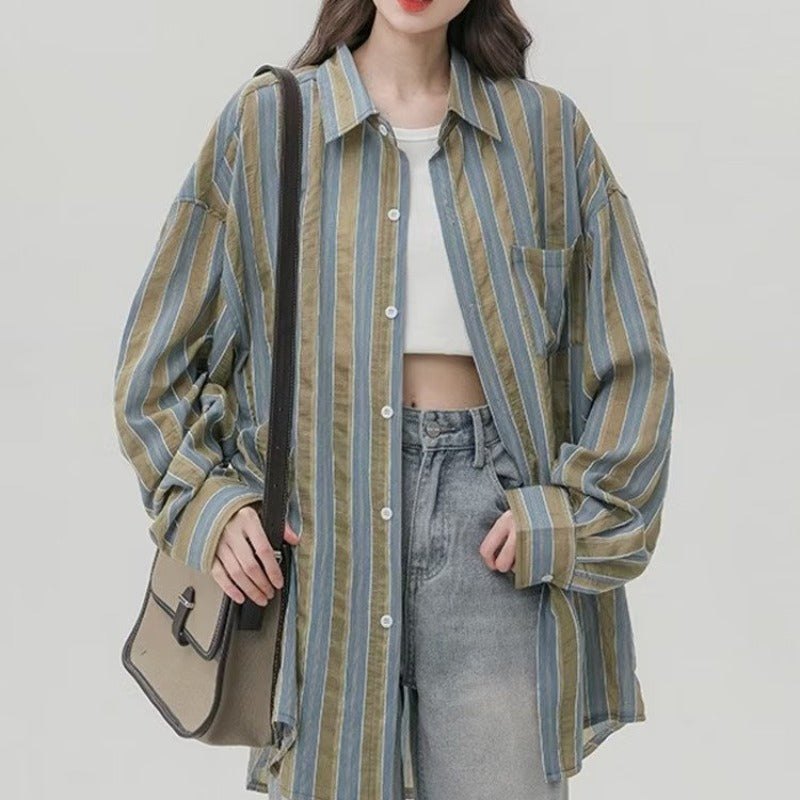Womens Fashionable Vintage Striped Lightweight Shirt