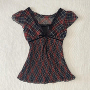 Retro V-Neck Plaid T-Shirt – Slimming, Slightly Transparent, Trendy