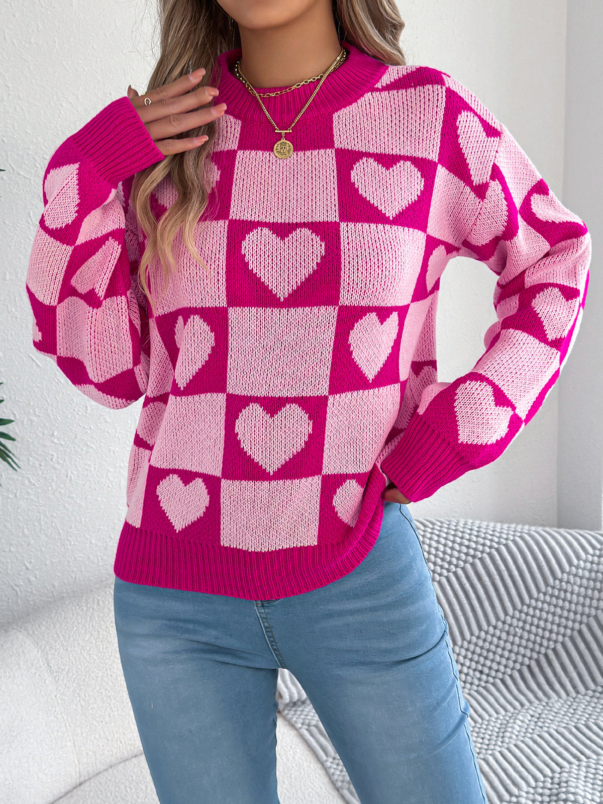 Women's Color-blocked Plaid Heart Lantern Sleeve Pullover Sweater for Valentine's Day
