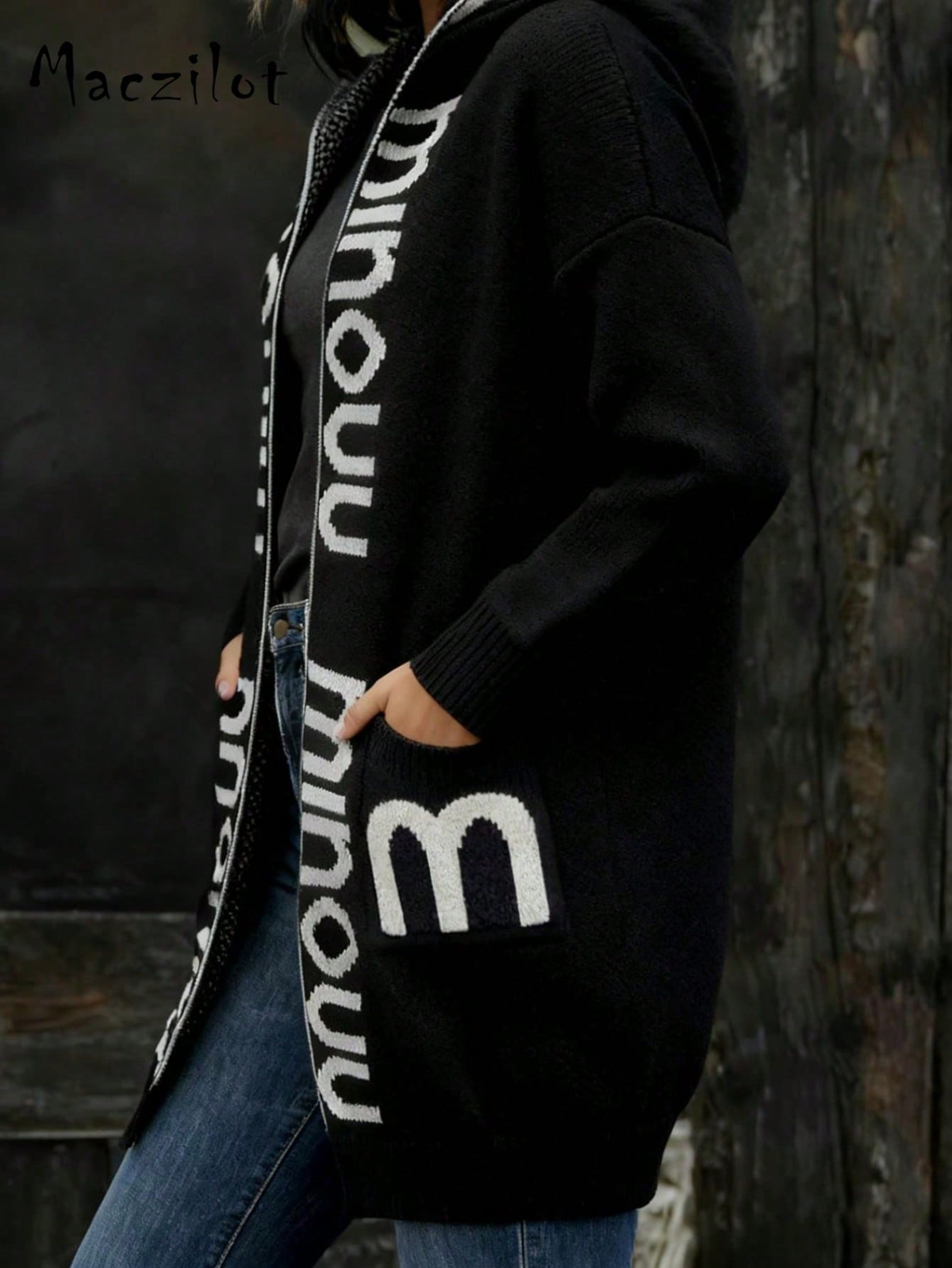 Women Loose Mid-length Hooded Knit Cardigan, Contrast Letter Jacquard Pockets Lazy Style Thick Sweater Coat for Fall Winter