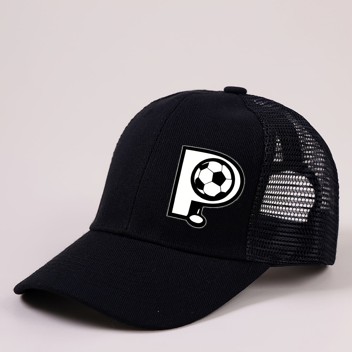 Boys Mesh Baseball Cap with A‑Z Letter and Soccer Ball Print, Unisex Sunvisor, Black