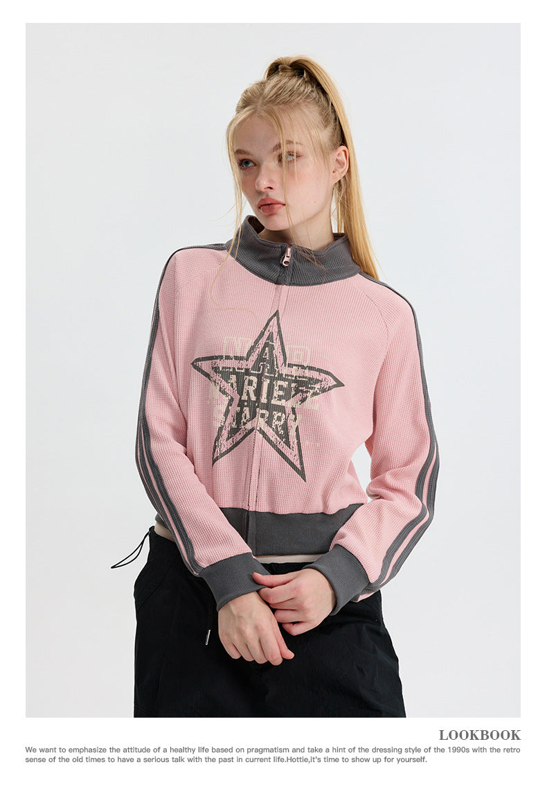 Retro Pink Star Contrast-Trim Cardigan Sweater