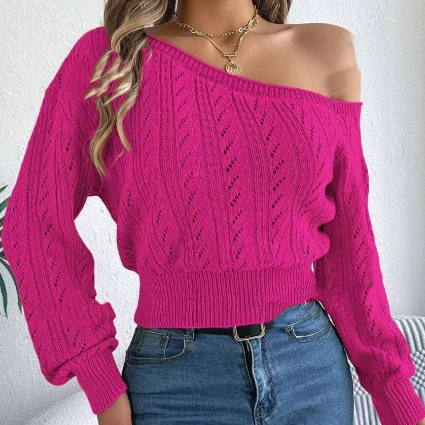 European and American Fashion Cable-knit Off-shoulder Short-length Long-sleeve Top