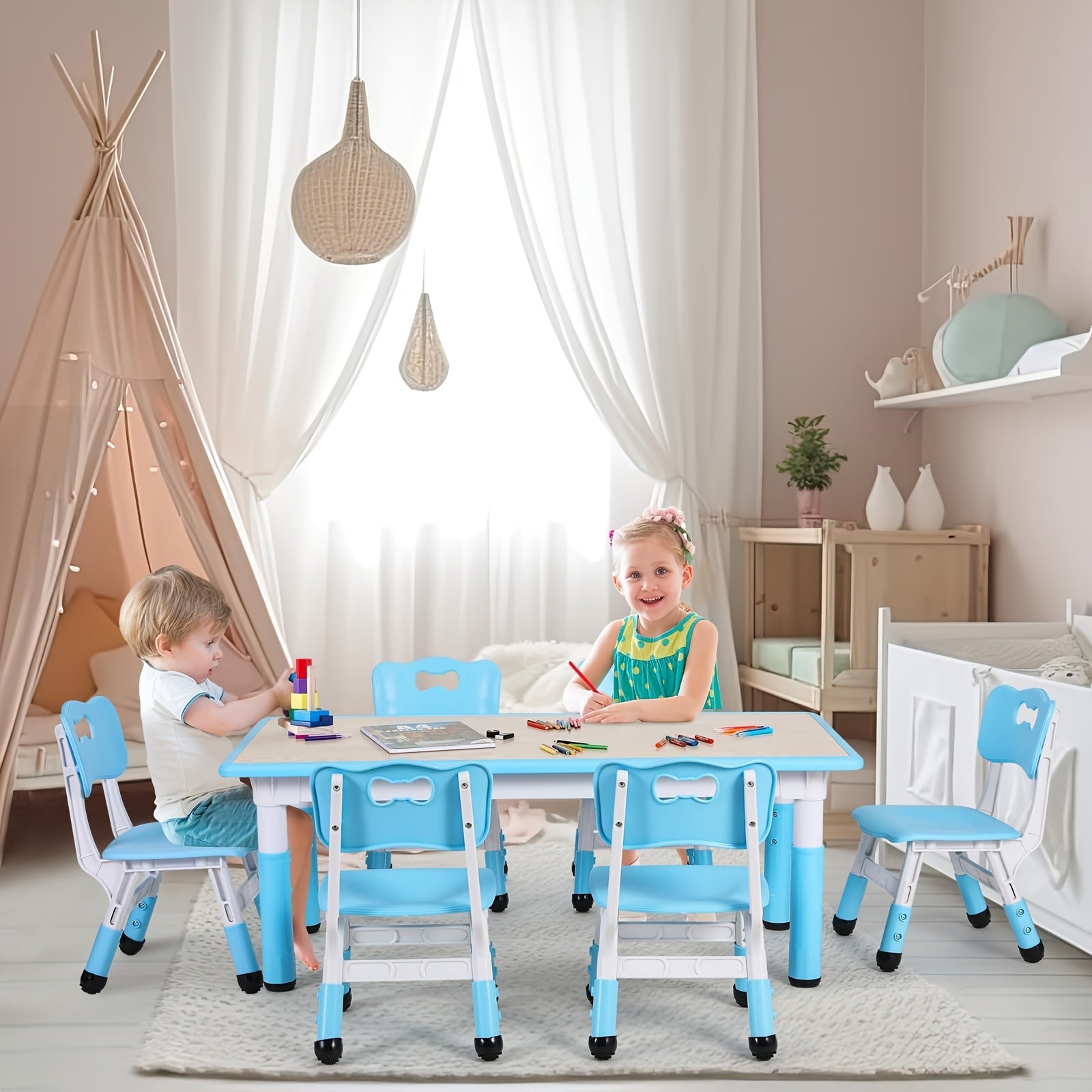 [Halloween Christmas Gifts] Adjustable Tables And 6 Chair Suits, Game Activity Table Sets With Graffiti Desktop, Preschool Table For Reading, Drawing, Eating, For Boys And Girls Halloween Christmas Gifts