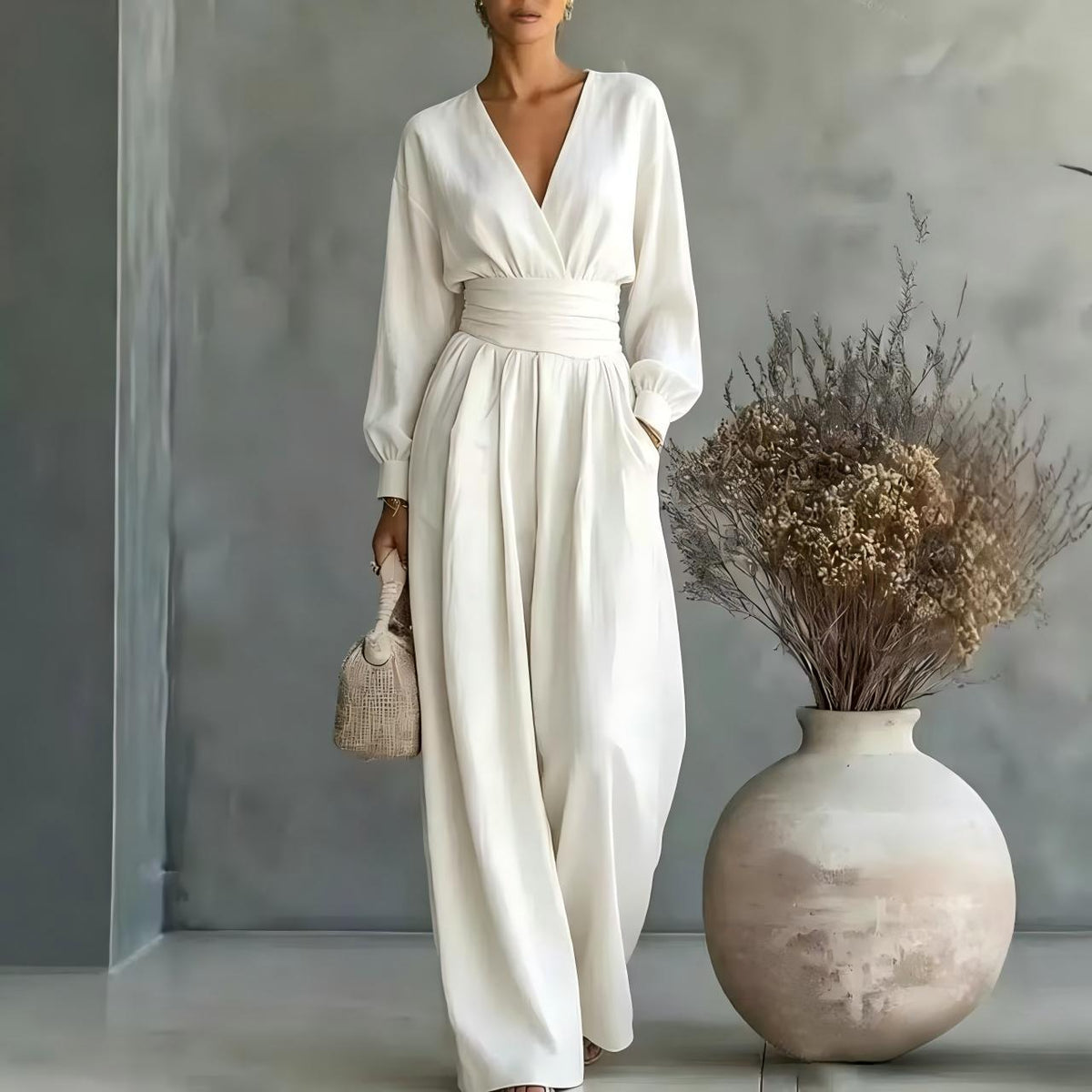 Fitted-waist V-neck Long-sleeve Womens Solid-color Jumpsuit