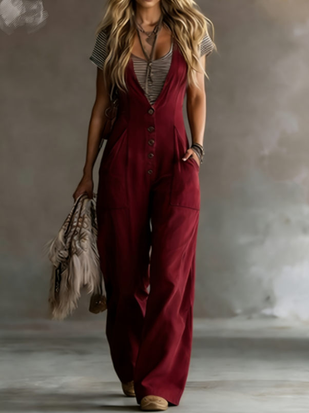 Vintage Single-breasted Strap Wide-leg Jumpsuit