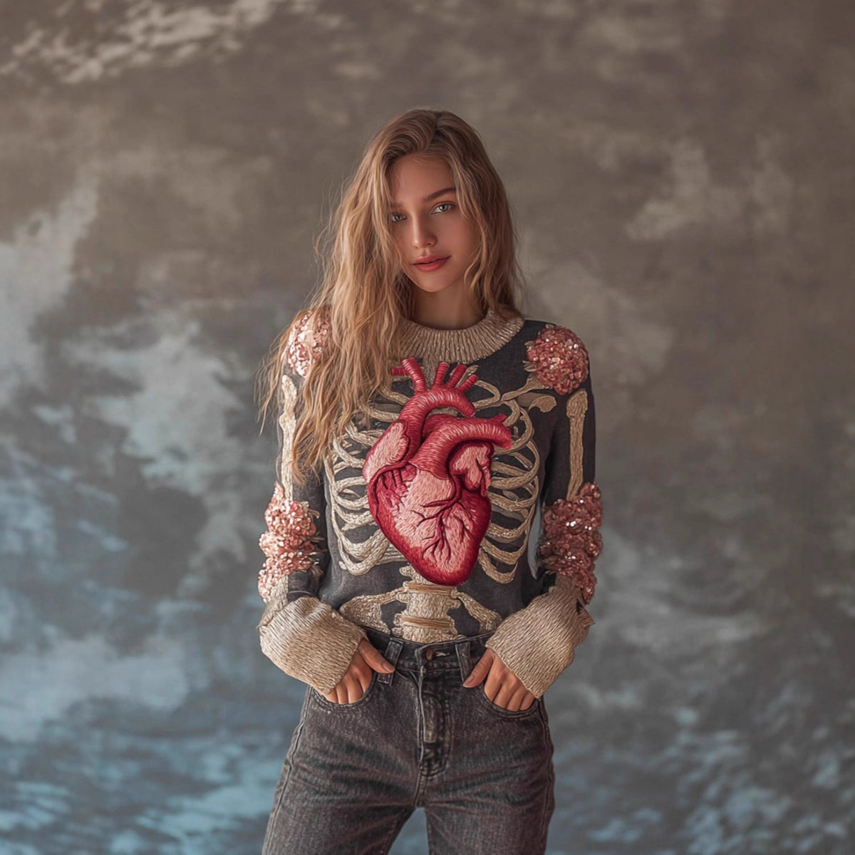 Womens Fashionable Retro Printed Crew-neck Sweater