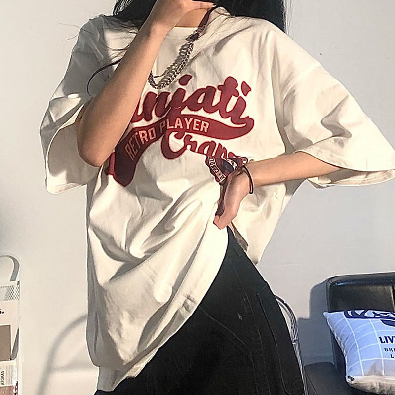 Chic White Letter Print Half Sleeve Top