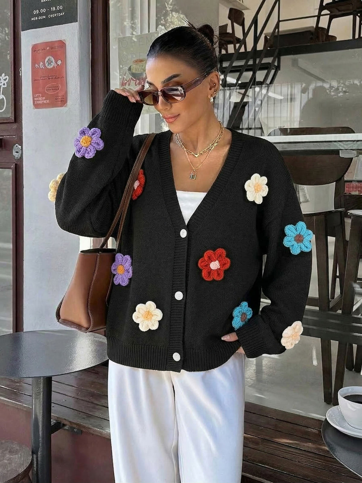 Ladies Colorful Flower Knit Cardigan Loose Long Sleeve Casual Layering Outerwear