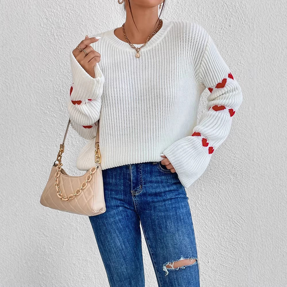 Solid-color Relaxed-fit Jacquard-knit Pullover with a Round Neckline and Flared Sleeves