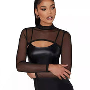 Slim Fit Sheer Mesh Long-Sleeve Mock-Neck Top – Midriff‑Baring Elegance