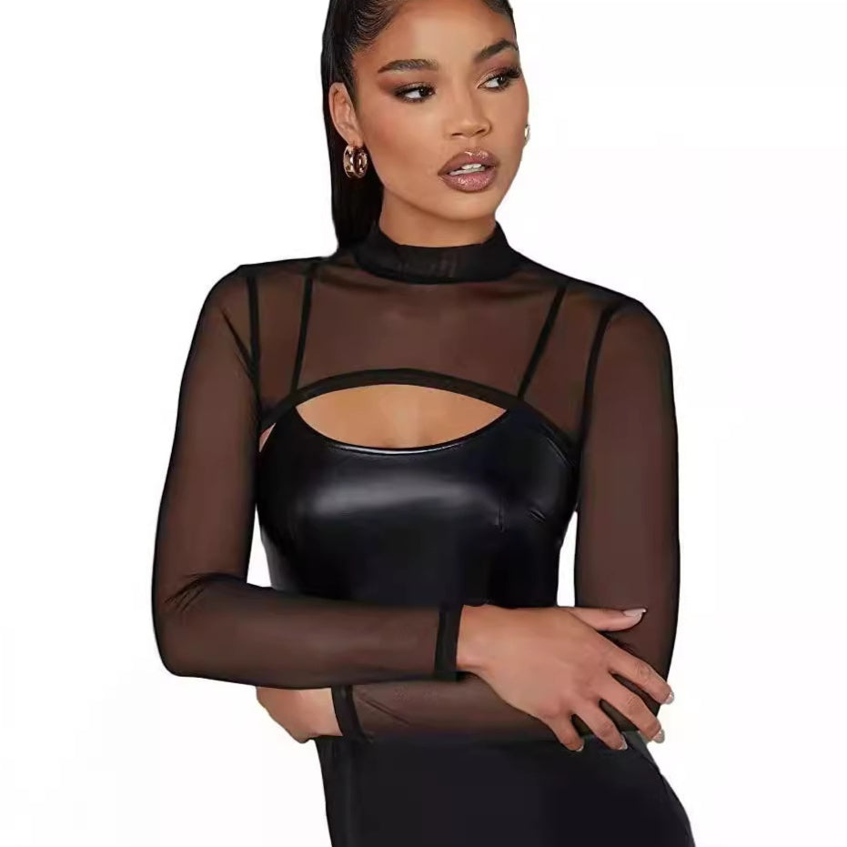Slim Fit Sheer Mesh Long-Sleeve Mock-Neck Top – Midriff‑Baring Elegance