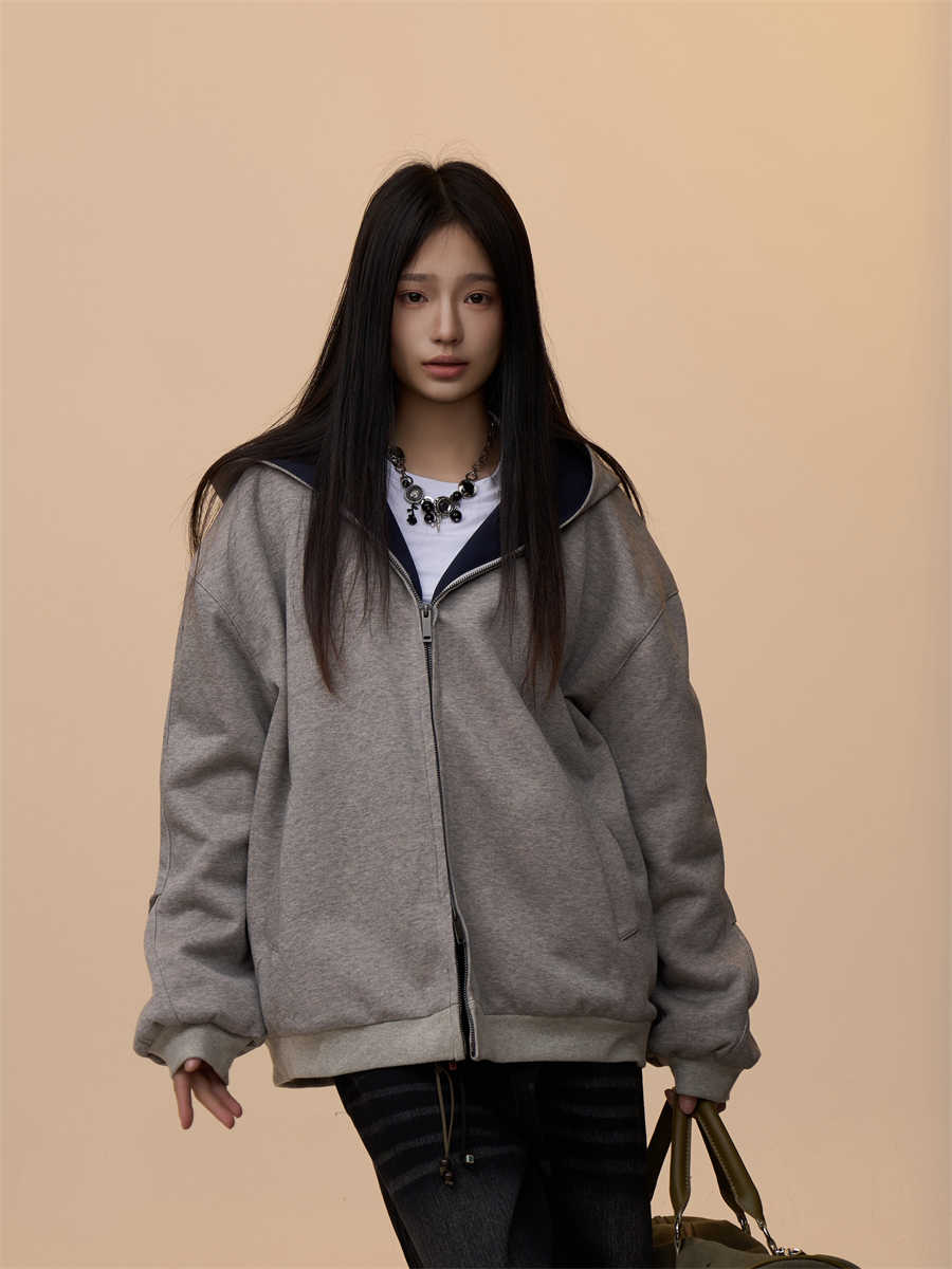 Women's Double Zipper Cardigan Sweater Loose Casual Hooded Coat