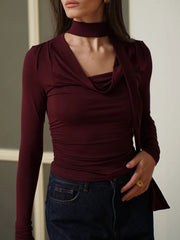 Elegant Ribbon V‑Neck Long‑Sleeve Scarf Shirt – Soft Polyester Top