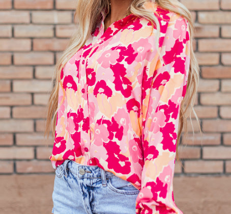 Blooming Floral Print Puff Sleeve Buttoned Shirt