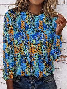 Gradient Floral Print Long Sleeve Round Neck Top