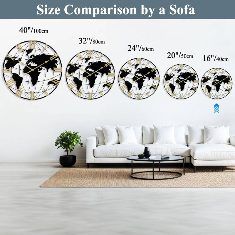 Large 16 Inch Modern World Map Wall Clock - Silent Non-Ticking Golden Hands & Black Face, World Time Zones with Roman Numerals, Irregular World Map Shape for Living Room, Office, Bedroom, Kitchen - Frame Decorative Big Clock