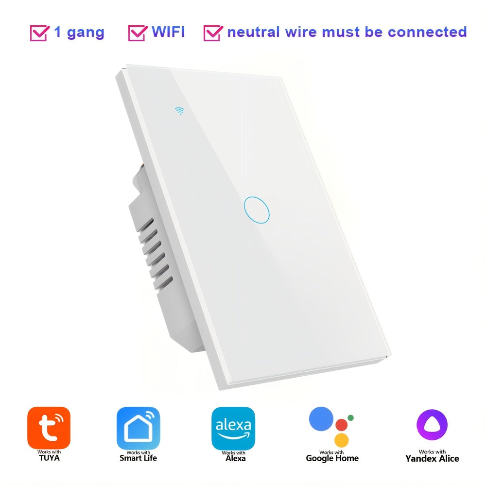 Smart White Touch Light Switch – Alexa & Google Compatible, Glass Panel, Requires Neutral Wire