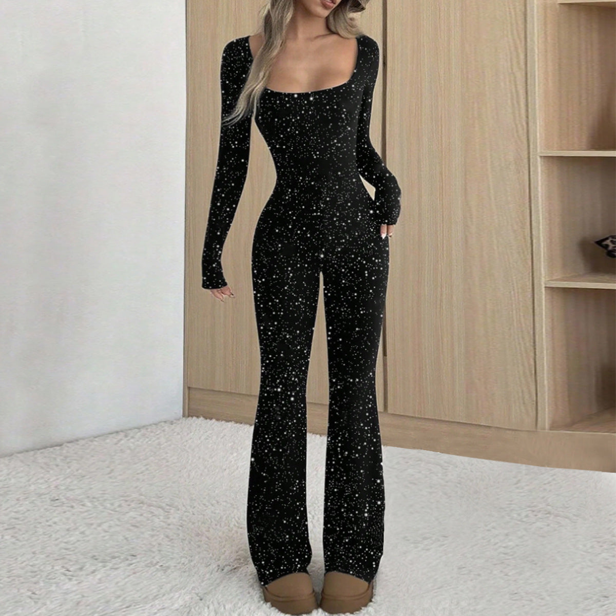 Women's Elegant Slim-Fit Square Neck Silver Jumpsuit