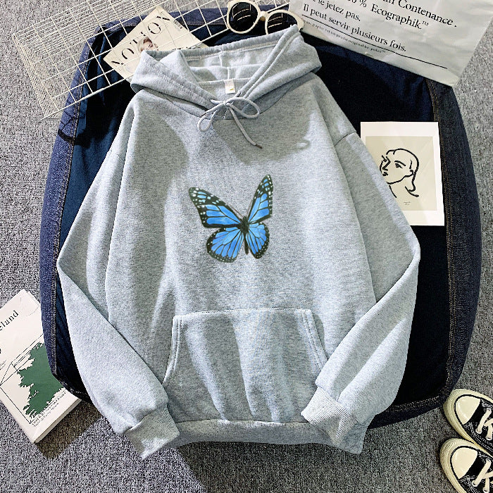 Cozy Fleece-Lined Butterfly Print Pullover Hoodie