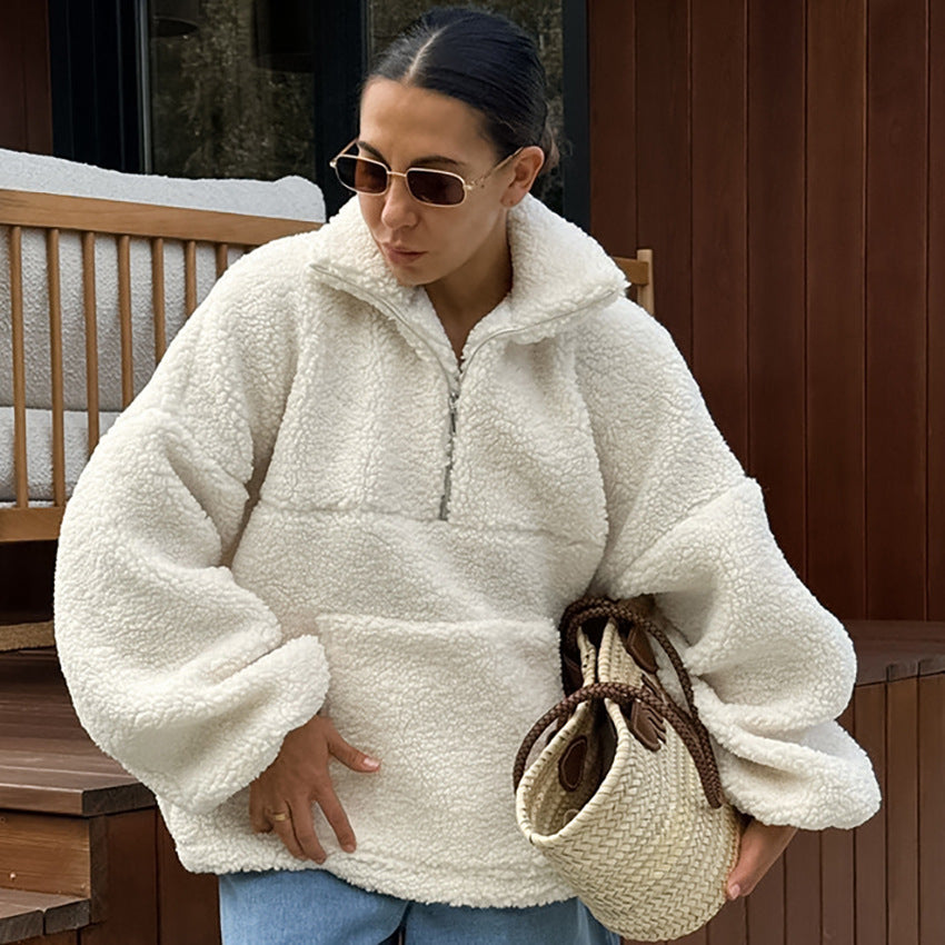 Cozy Beige Fleece Stand Collar Sweatshirt