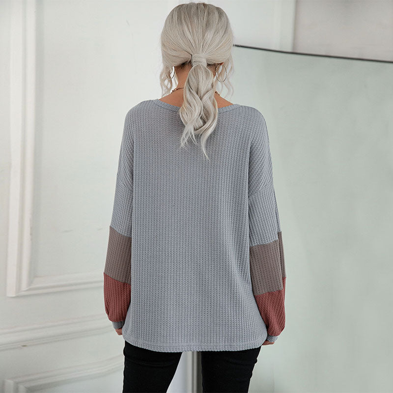 Chic Colorblock Waffle V-Neck Knit Pullover Top