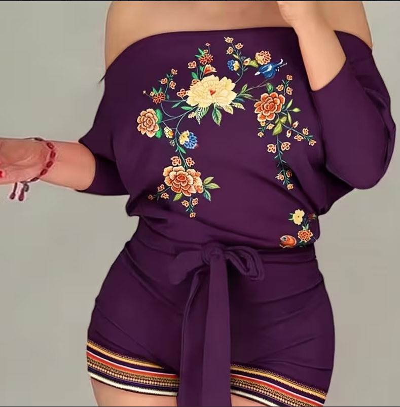 Peacock Print Off-Shoulder Casual Romper