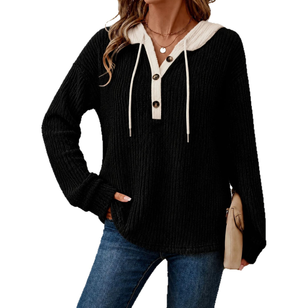 Loose-fit V-neck Buttoned Hooded Casual Womens Top with Drawstring