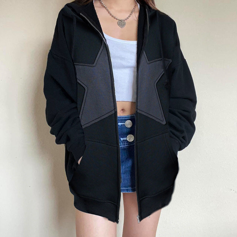 Star Patch Zip-Up Oversized Hoodie Streetwear