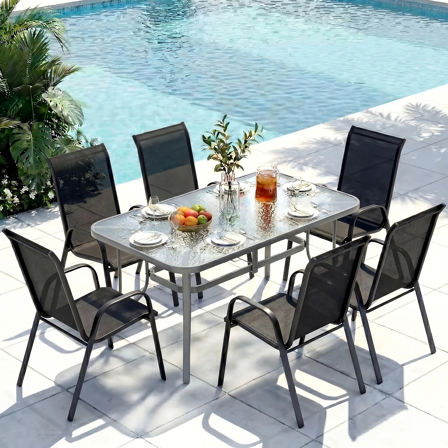 [All Weather Patio Set] Patio Dining Set for 6, Outdoor Table And Chairs W/ 1.69" Umbrella Hole, 30" X 55" Table And Stackable Textilene Chair, All Weather Patio Furniture Set (Umbrella Not Included)