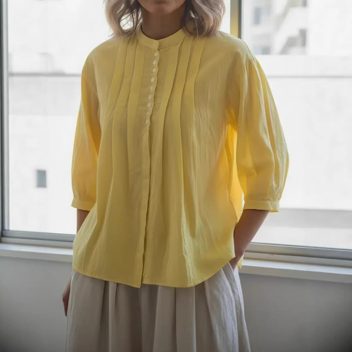 Womens Solid-Colored Casual Button-Front Pleated Shirt