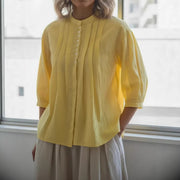 Womens Solid-Colored Casual Button-Front Pleated Shirt