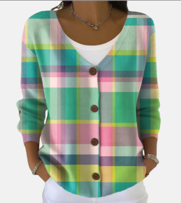 Womens Printed Knitted Sweater with Buttons Printed Cardigan