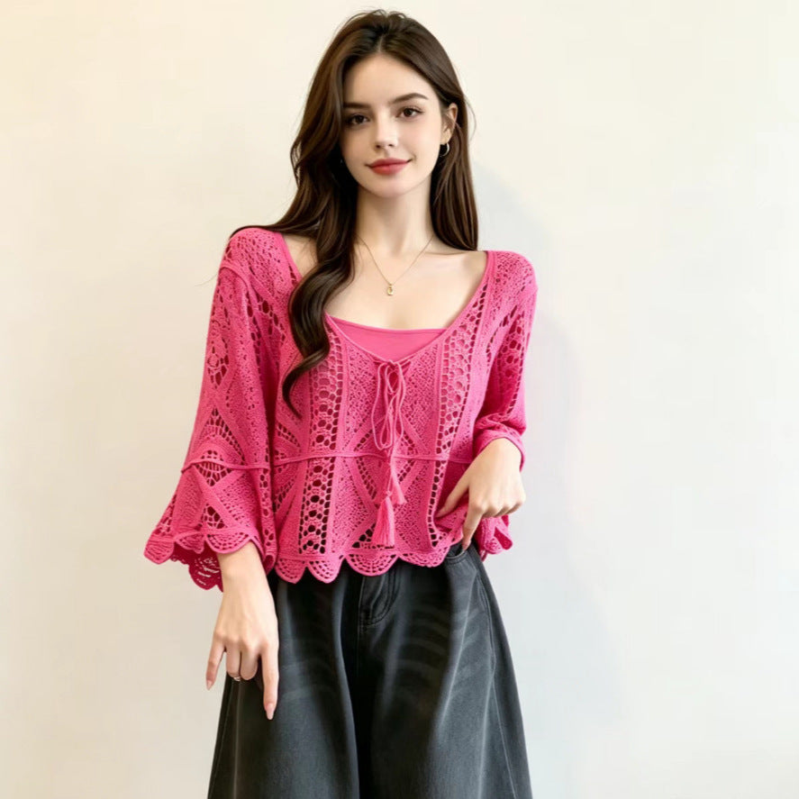 Bohemian Resort-style Crochet Hollow-out Knit Top Womens Solid-color Blouse