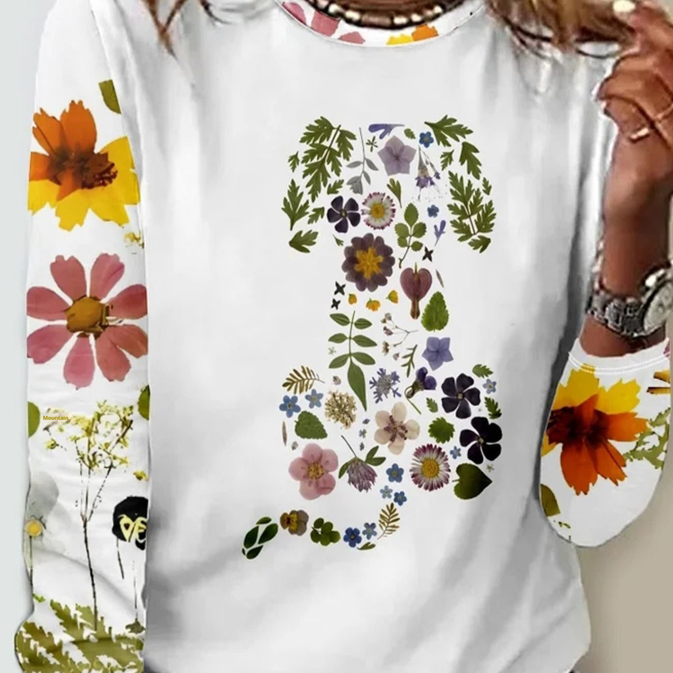 Floral Print Long Sleeve Pullover Round Neck Top for Women