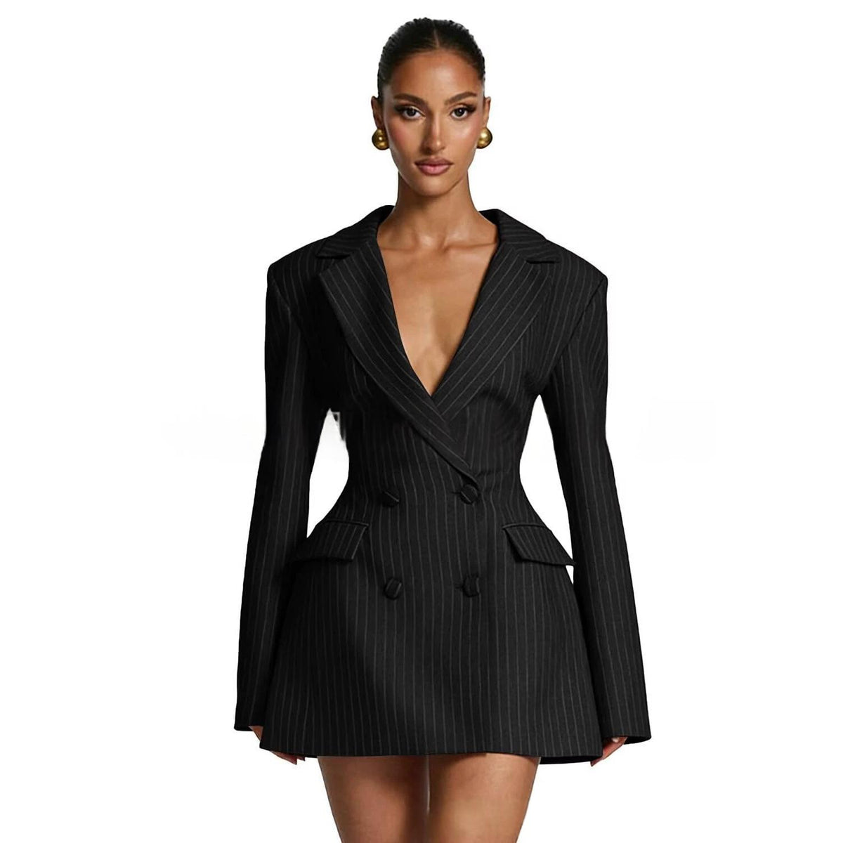 Solid-color Long-sleeve Lapel Blazer with a V-neck