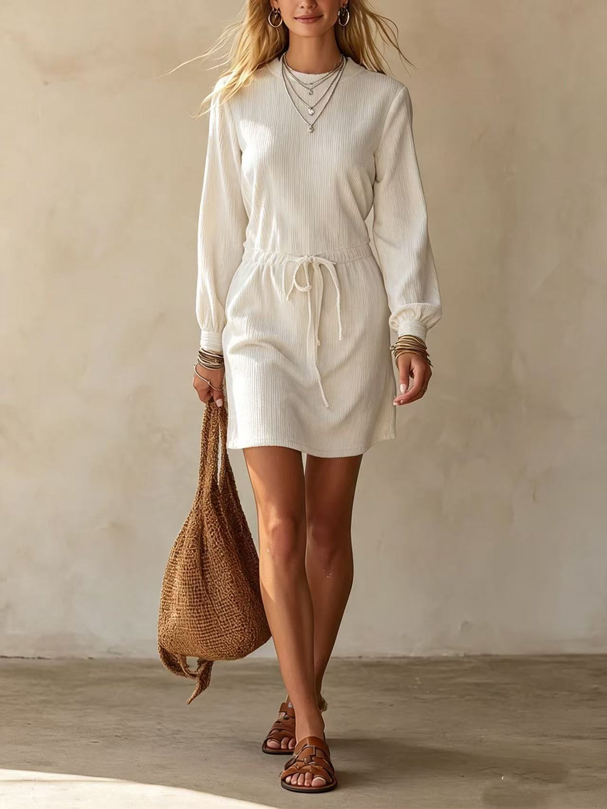 Cord-Tie High-Waist Corduroy Mini Skirt