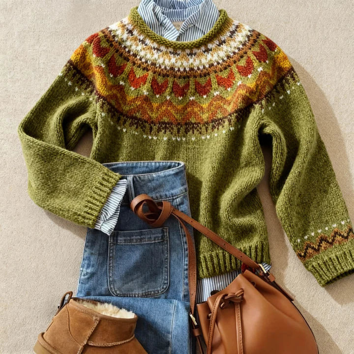 Retro Crew-neck Knit Sweater From Europe and the Us Casual Relaxed Fit Color-block Long-sleeve Pullover