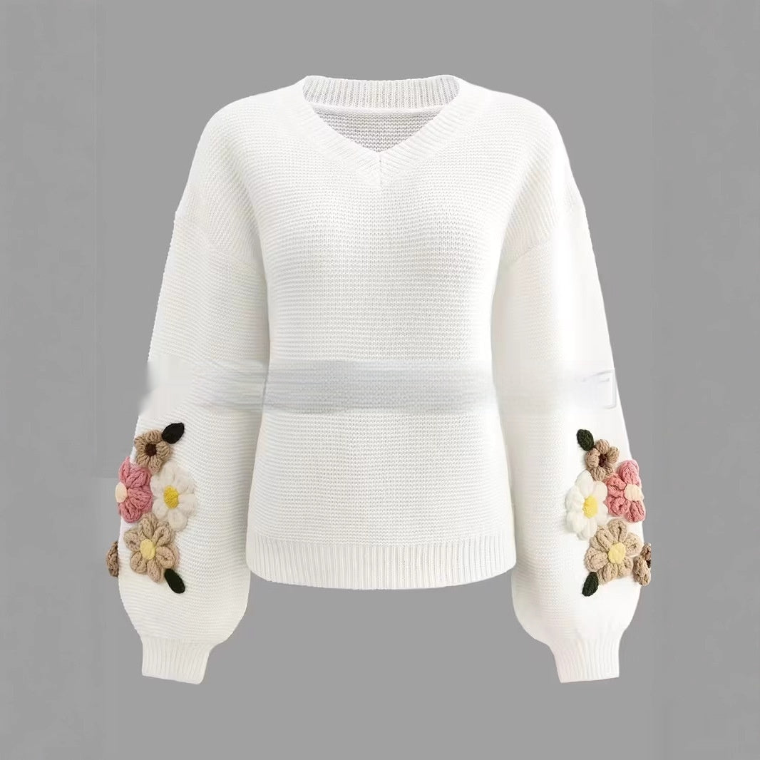 Elegant Knitted Sweater with Colorful Floral Design for Women