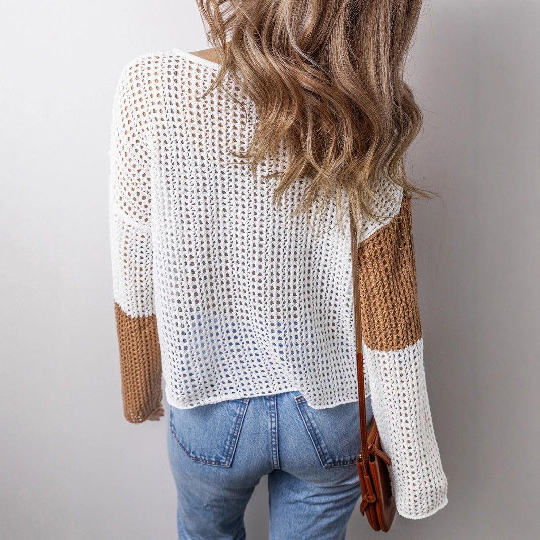European and American Leisure Style Color Matching Hollow Out Sweater