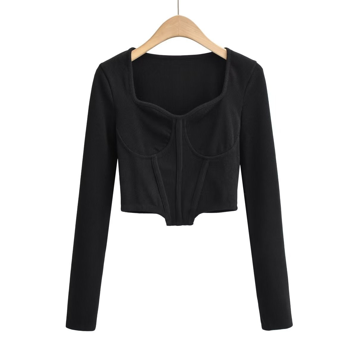 Slim Fit Open Waist Square Collar Long Sleeve Crop Top