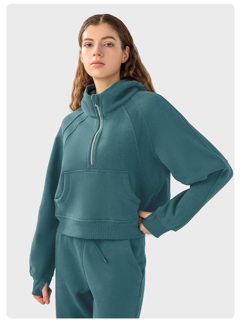 Autumn And Winter Hoodie Half Zipper Sweater Women's Short Casual Loose All-Match Sports Top