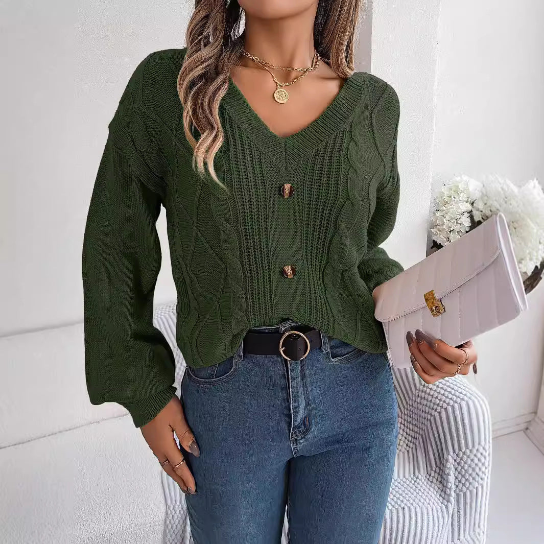 Solid-color V-neck Buttoned Cable-knit Puff-sleeve Pullover Sweater