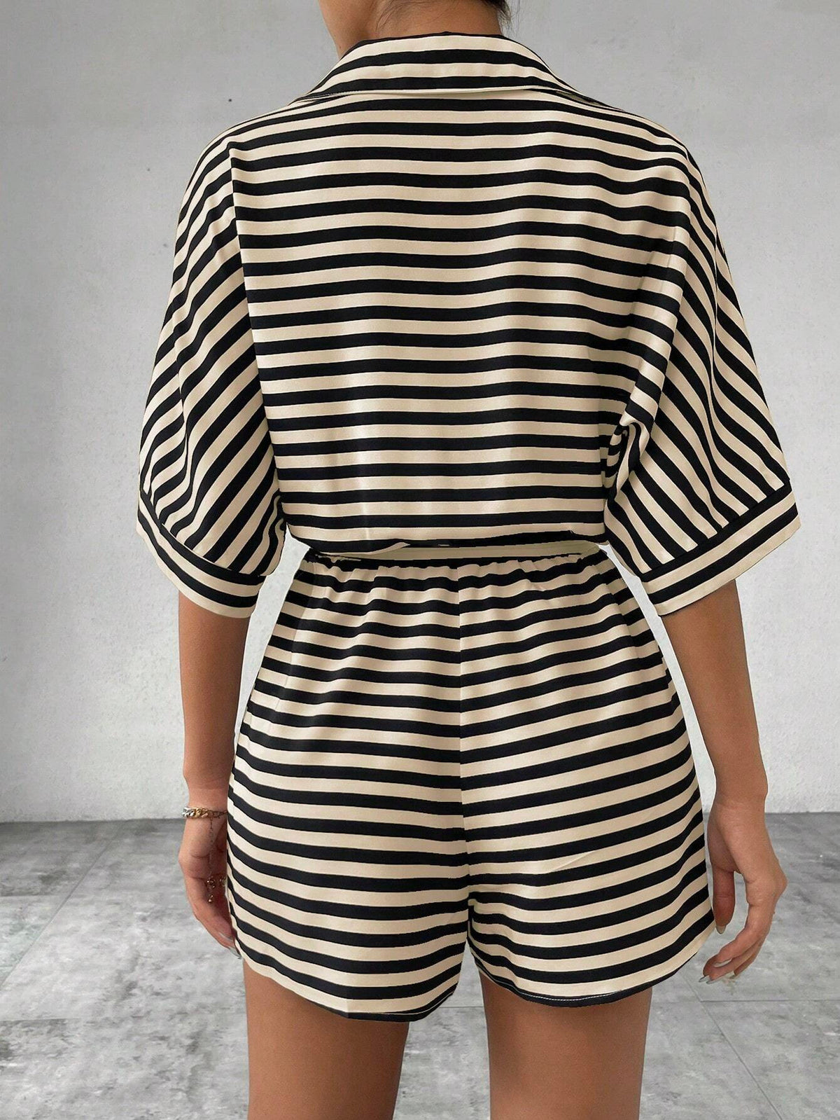 Summer Striped Lapel Belted Jumpsuit
